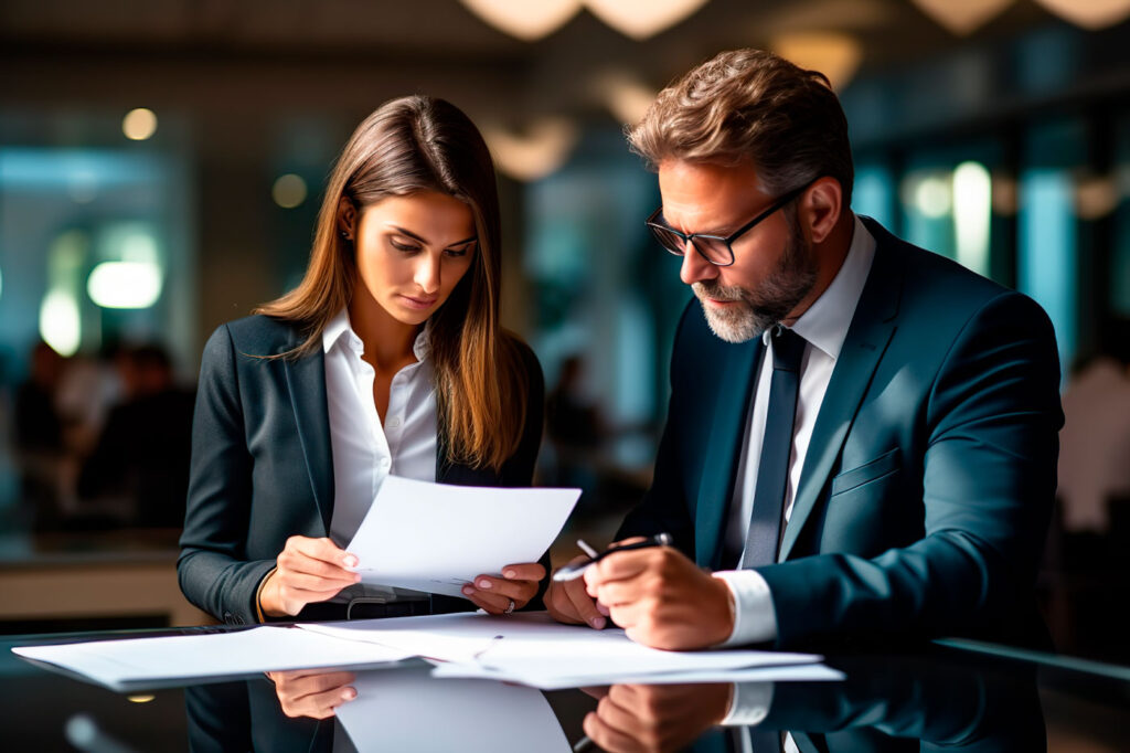 Two businesspeople in suits review documents at a glass desk in a modern office setting.”