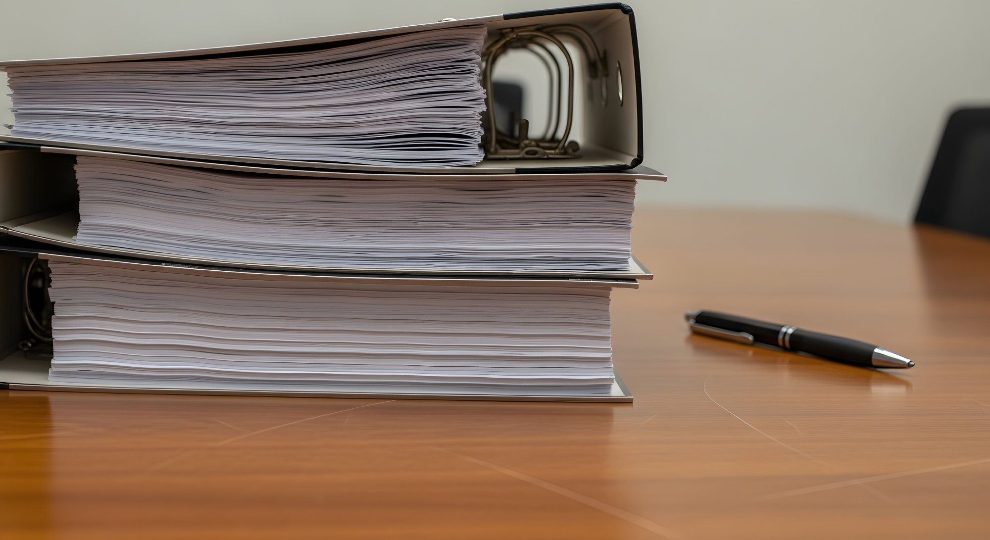 Stack of business documents on desk with pen, representing paper - MÜLLER SEIDEL VOS Rechtsanwälte Steuerberater insolvenzrecht